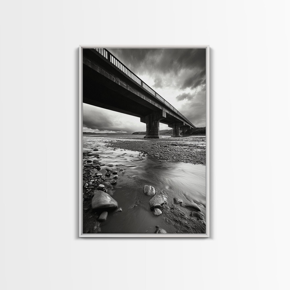 Stormy Bridge, River Rocks, Dramatic Sky, Modern Landscape, Framed Canvas Print, Moody Photography, Office Wall Art, Minimalist Decor