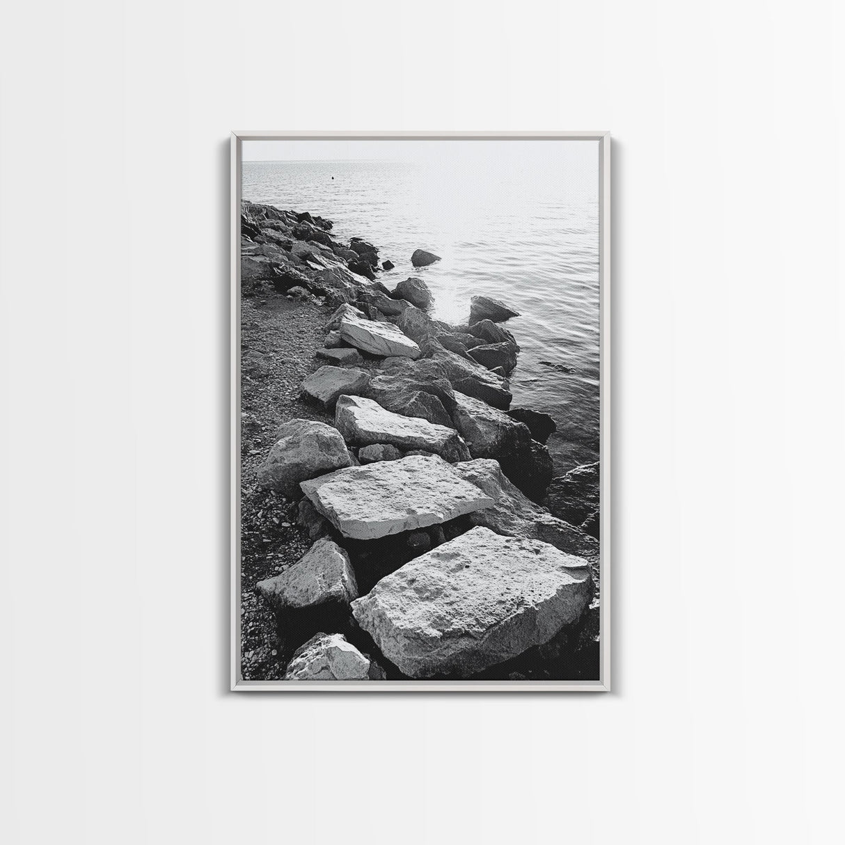 Shore Rocks, Sunlit Ocean, Rugged Texture, Minimal Horizon, Framed Canvas Print, Entryway Wall Art, Beach Decor, Neutral Tones