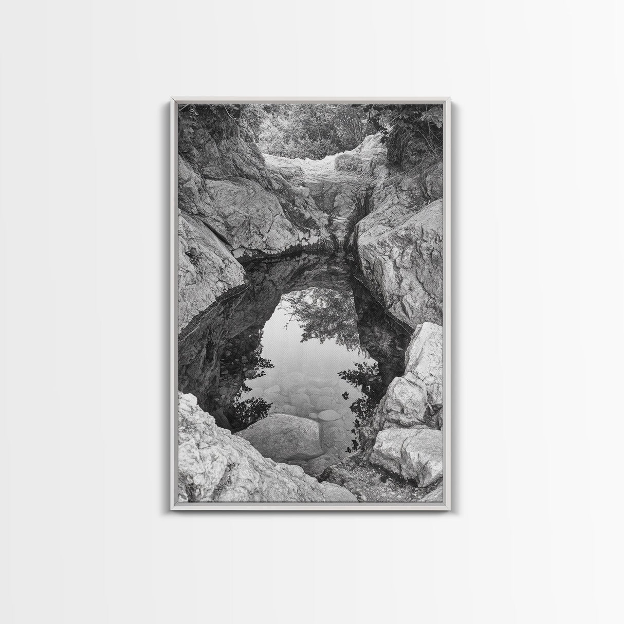 Reflective Rock Pool, Tranquil Nature, Monochrome Landscape, Black and White Framed Canvas Print, Minimalist Bathroom or Spa Wall Art