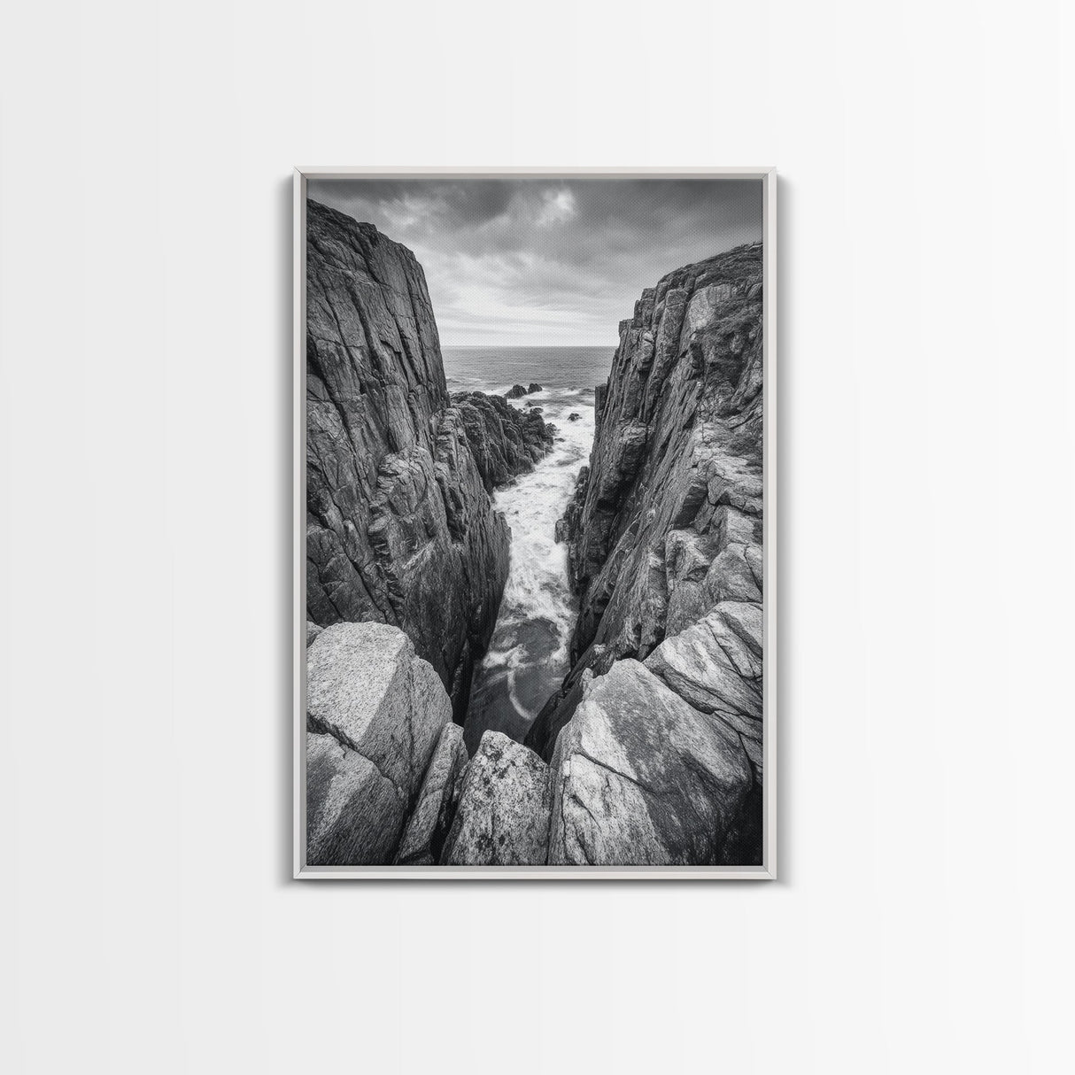 Ocean Cliff Pass, Rugged Coastal Rocks, Nature Power, Monochrome Framed Canvas Print, Moody Bathroom or Masculine Office Art