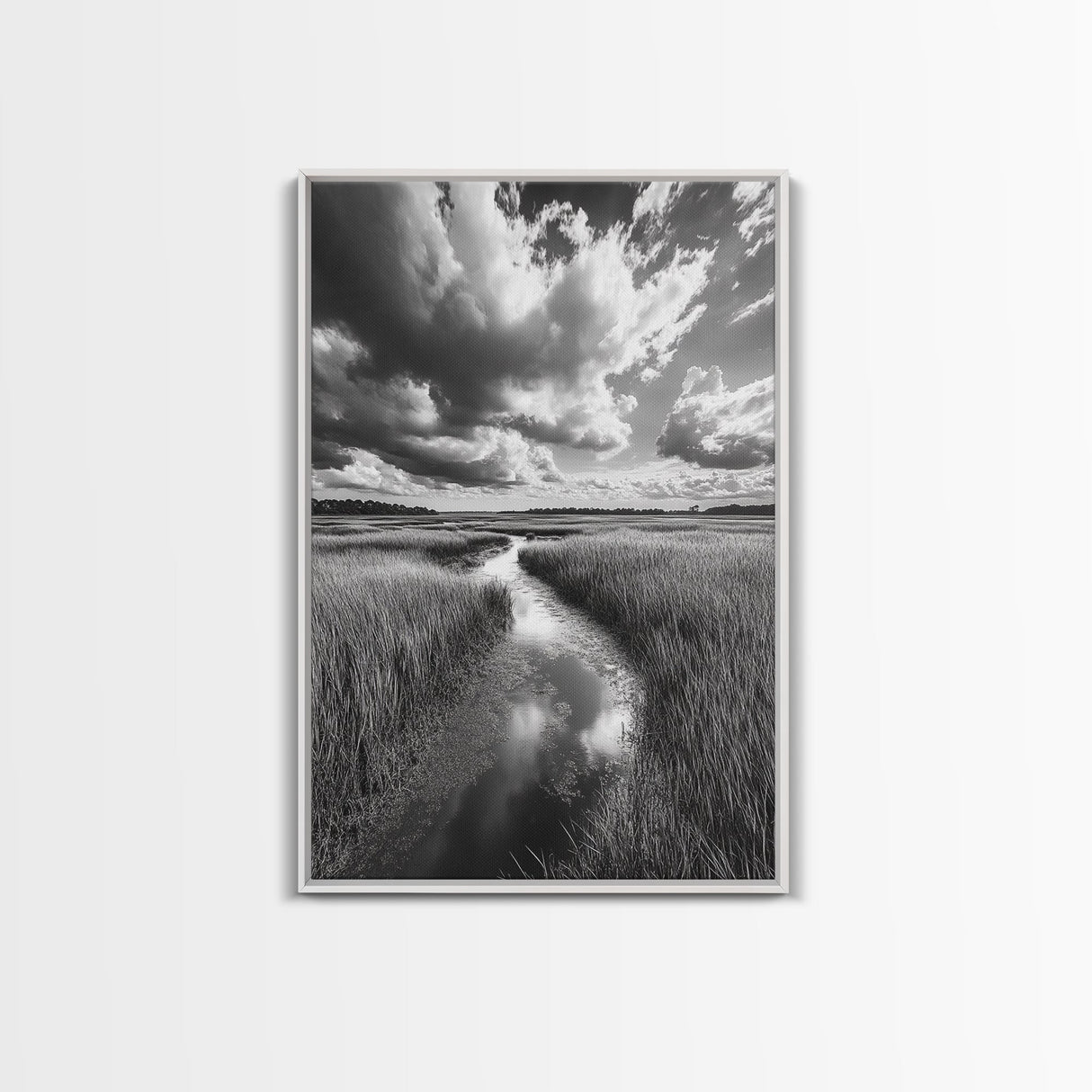 Marshland Stream, Dramatic Clouds, Nature Reflection, Canvas Print, Minimalist Landscape, Bathroom Art, Earthy Tones, Zen Mood