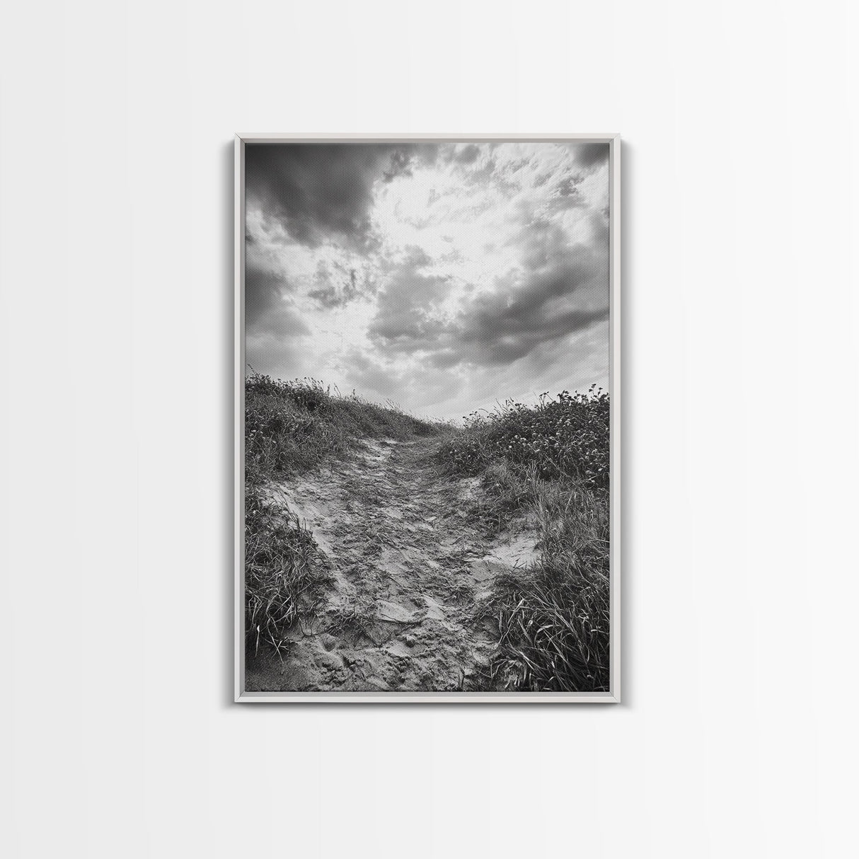 Sandy Trail, Ocean Path, Windy Grass, Moody Sky, Framed Canvas Print, coastal nature photography, hallway decor, rustic neutral art