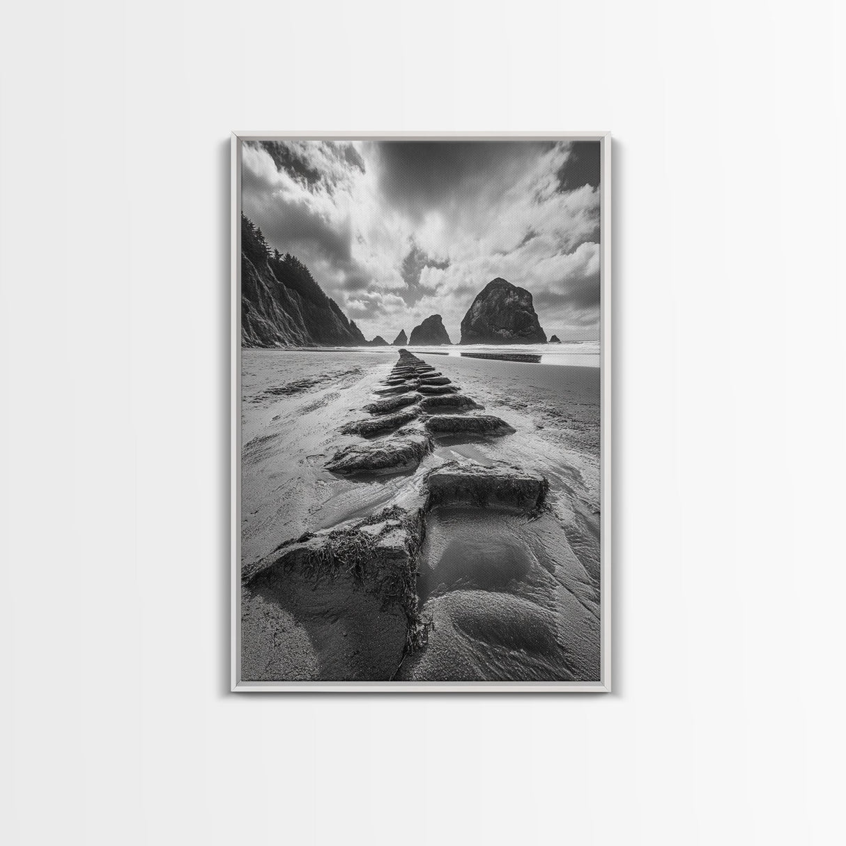 Ocean Rocks, Beach Landscape, Cloudy Sky, Rugged Coast, Canvas Print, coastal adventure wall art, living room decor, nature lover gift