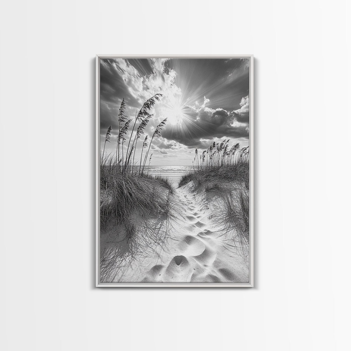 Beach Path, Seagrass Sunset, Radiant Sky, Coastal Light, Framed Canvas Print, coastal farmhouse decor, entryway art, sunshine beach scene