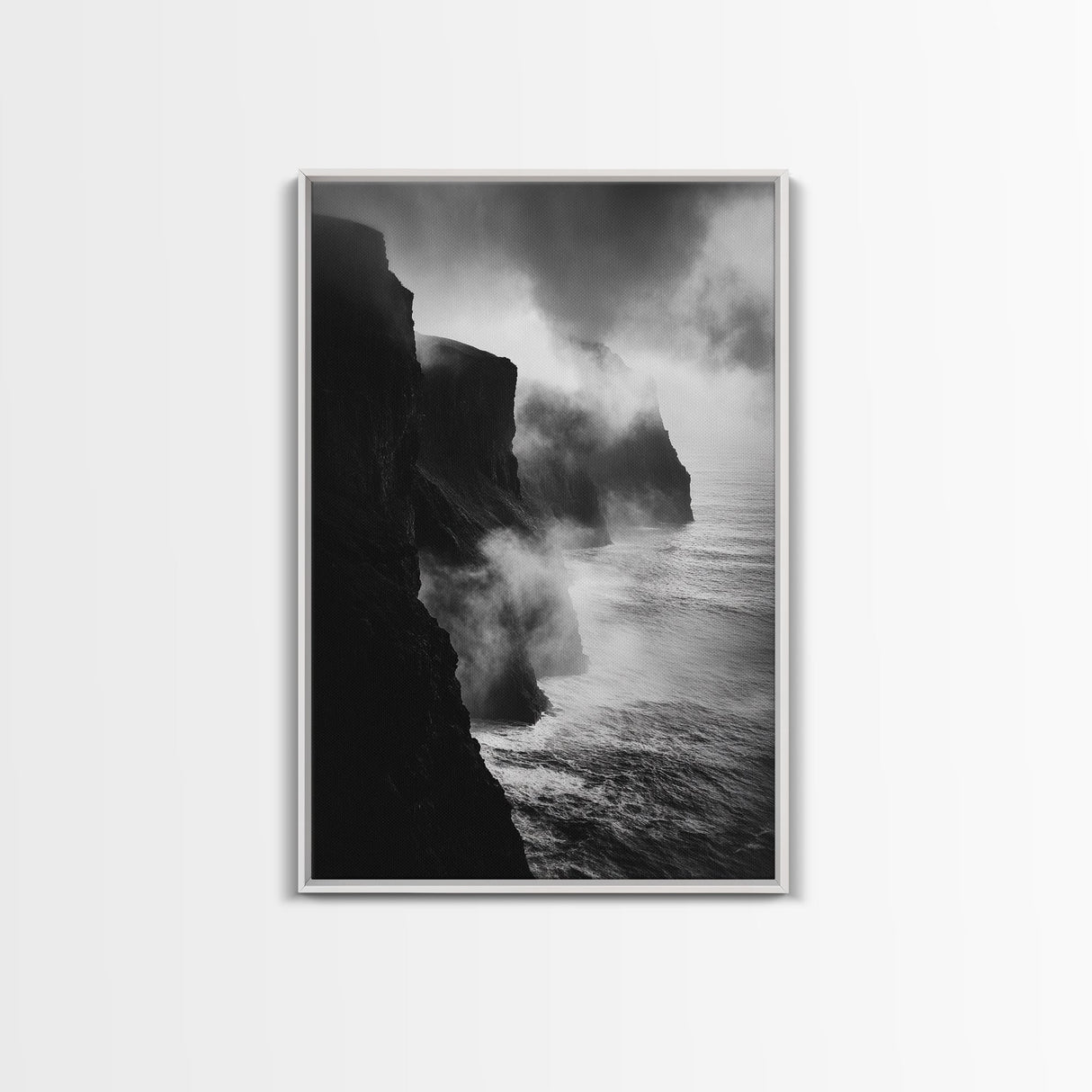 Stormy Cliffs, Ocean Fog, Monochrome Coast, Wild Nature Framed Canvas Print, moody wall art, rustic living room decor, dark aesthetic