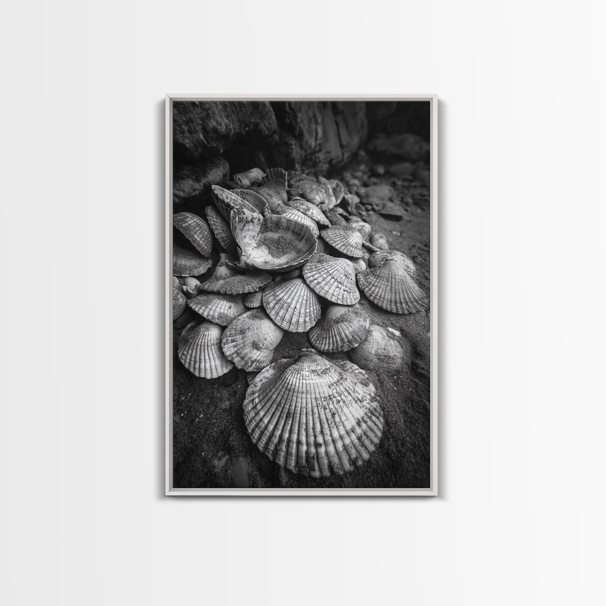 Seashell Pile, Textured Beach, Coastal Treasures, Natural Beauty Framed Canvas Print, bathroom decor, shell art, beach wall style