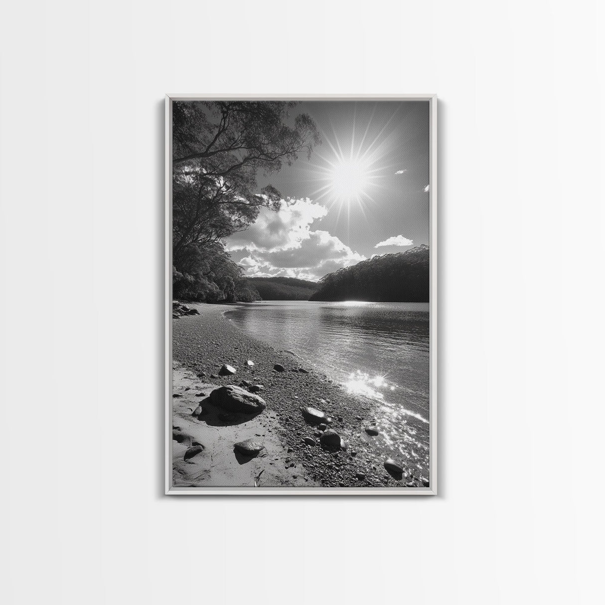Ocean Shoreline, Serene Landscape, Coastal Photography, Canvas Print, Modern Nature Decor, Living Room Wall Art, Black and White Art