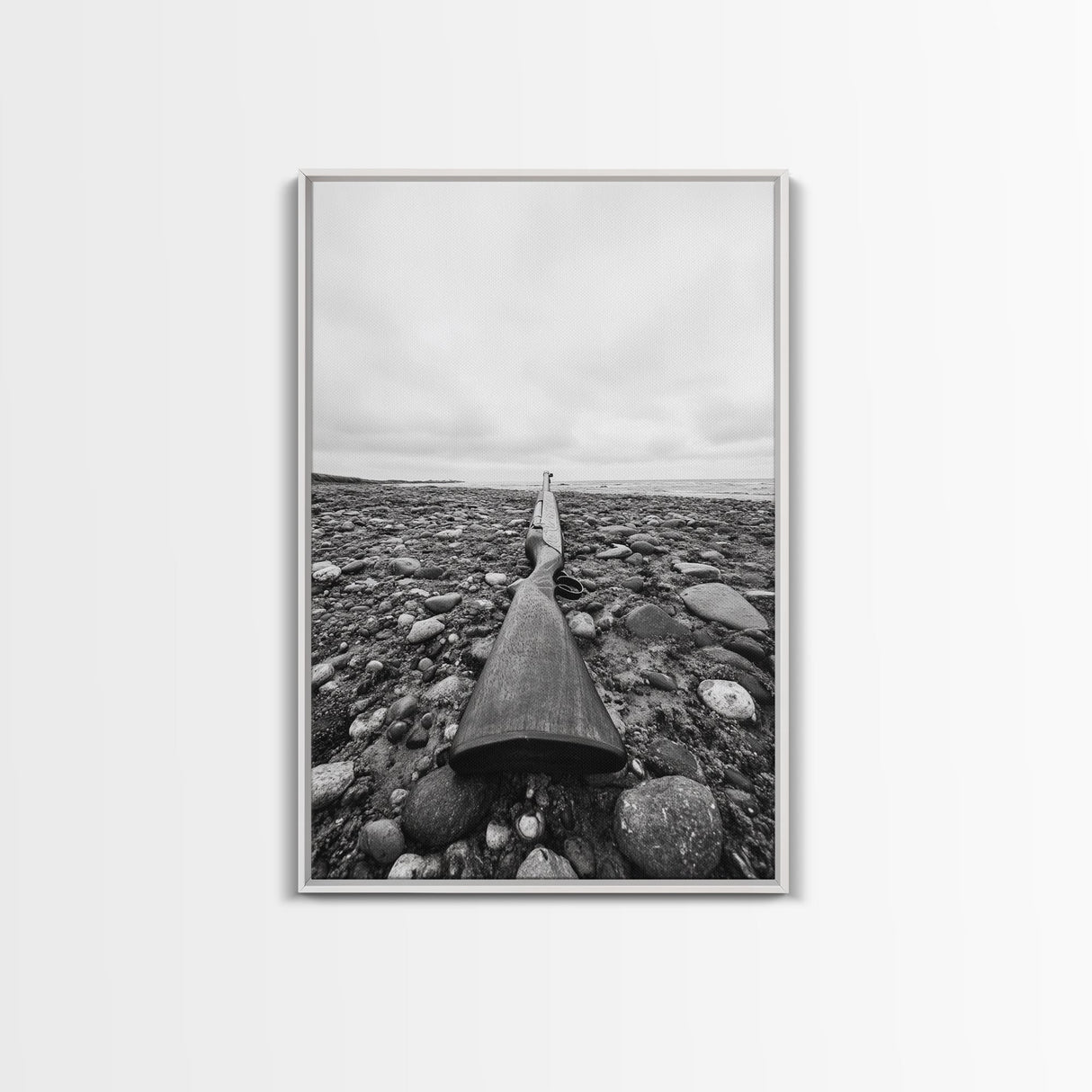 Rifle on Pebbles, Rustic Coastal, Survivalist Aesthetic, Canvas Print, Cabin Wall Art, Masculine Decor, Nature Minimalist Style