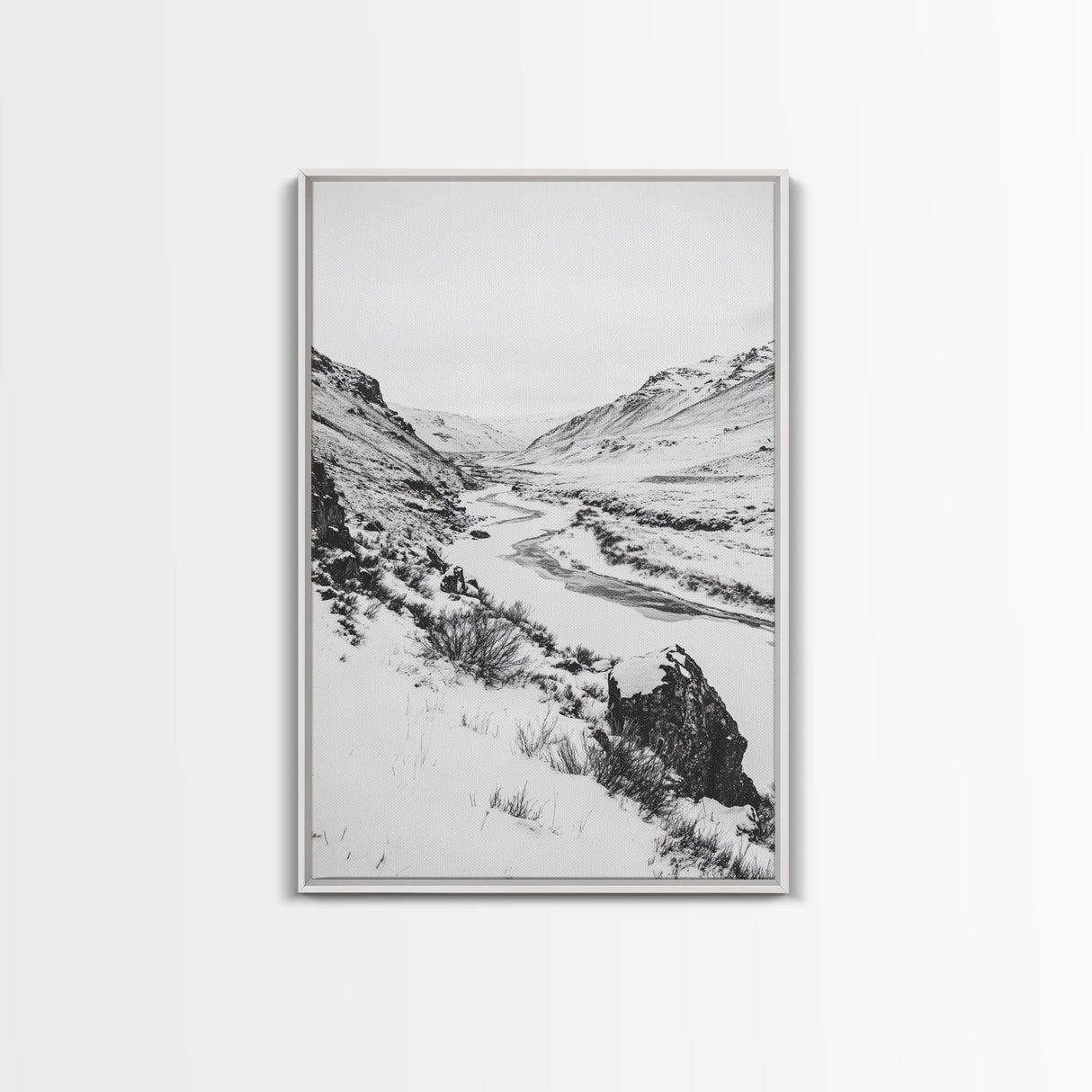 Snowy Canyon, Winter Valley, Frozen Landscape, Framed Canvas Print, Minimalist Wall Art, Neutral Living Room or Office Decor