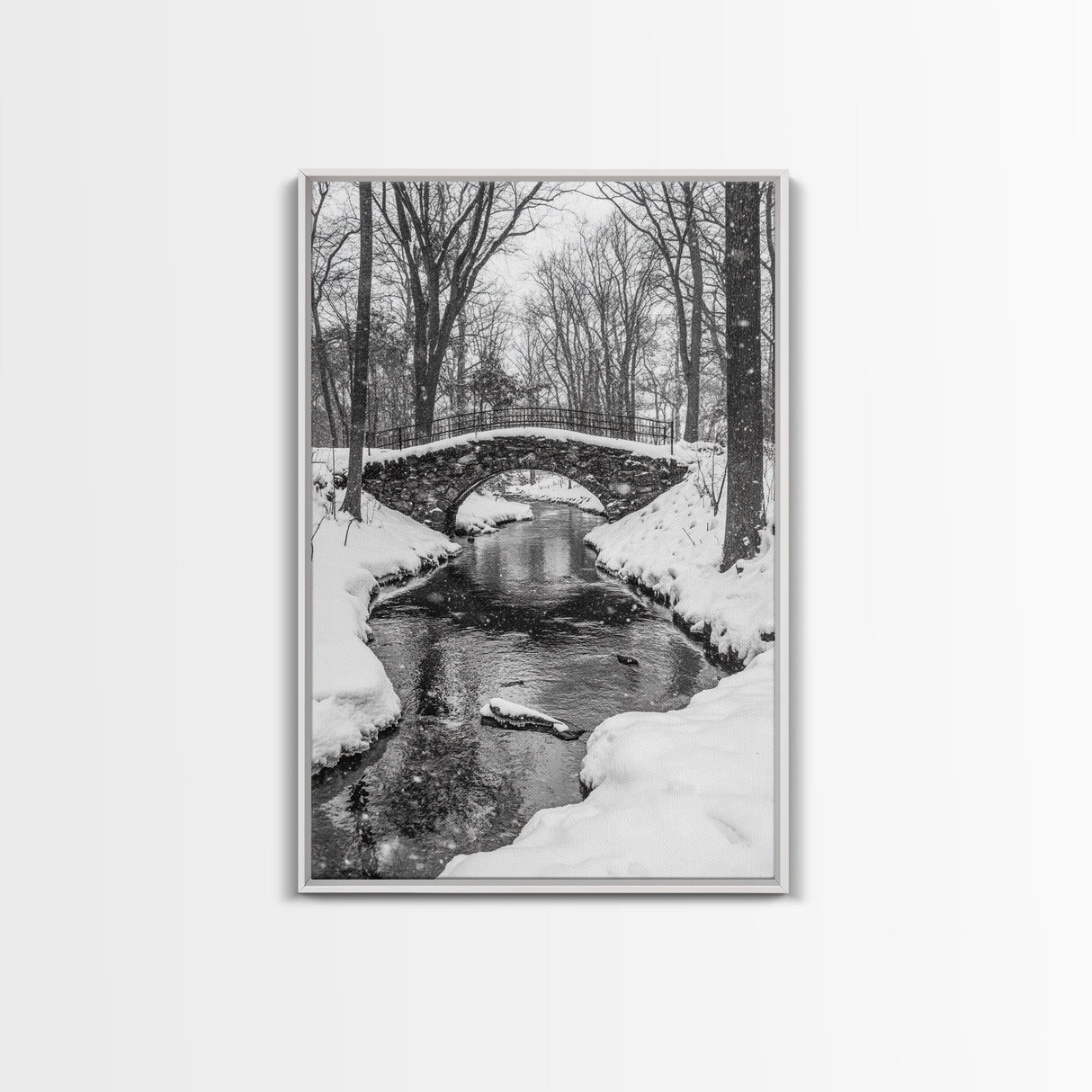 Stone Bridge, Winter Stream, Historic Pathway, Framed Canvas Print, Snowy Landscape Art, Traditional Living Room Wall Decor