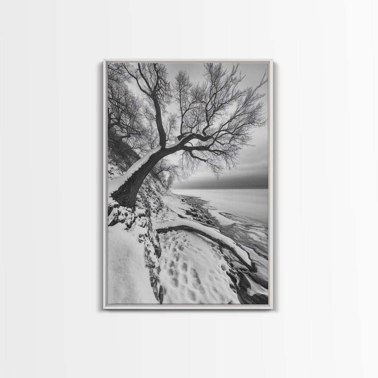Coastal Snow, Barren Tree, Frozen Shoreline, Canvas Print, Serene Winter Decor, Entryway or Hallway Minimalist Wall Art