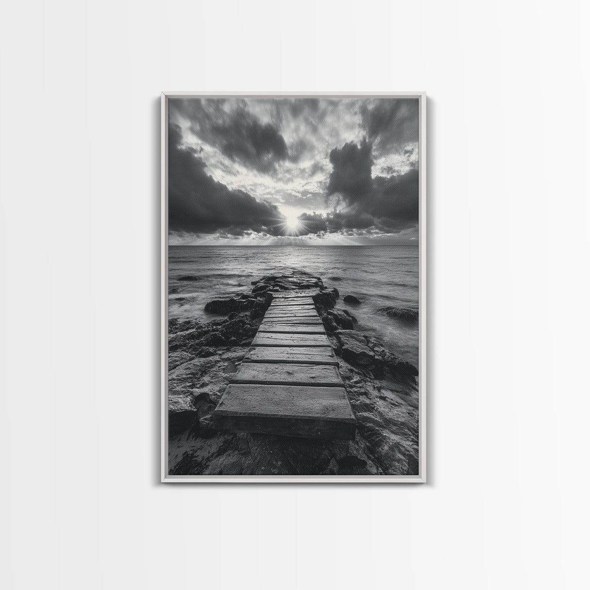 Ocean Pier Sunset, Dramatic Clouds, Seascape Pathway, Canvas Print, Coastal Living Room Art, Tranquil Decor, Minimalist Style
