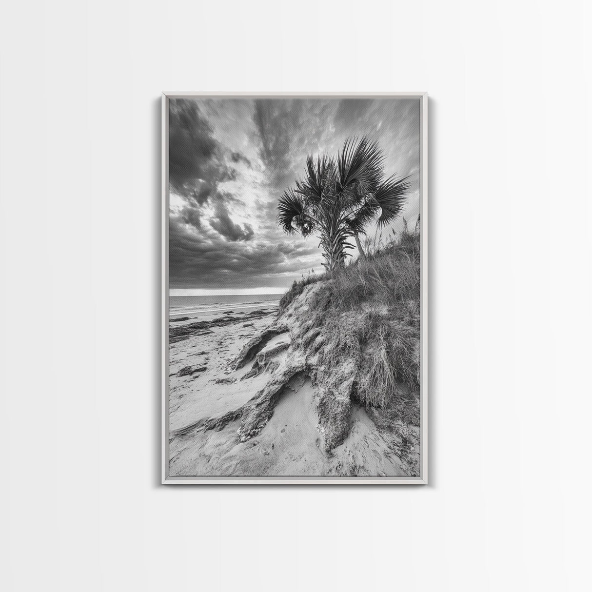 Palm Tree Beach, Coastal Dunes, Dramatic Sky, Framed Canvas Print, Tropical Wall Art, Boho Living Room Decor, Beach House Art
