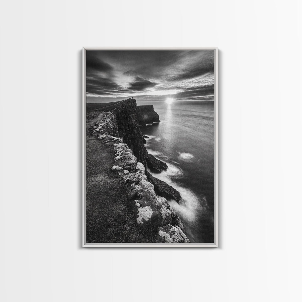 Rugged Sea Cliffs, Sunset Horizon, Serene Waters, Framed Canvas Print, Modern Nature Wall Art, Office Decor, Coastal Aesthetic