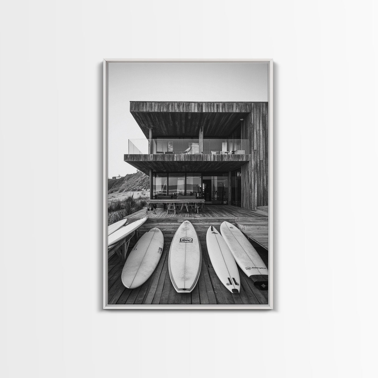 Surf Shack, Beach House, Modern Architecture, Coastal Lifestyle, Framed Canvas Print, Living Room Art, Nautical Wall Decor, Surf Wall Art