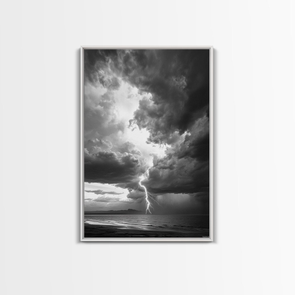 Lightning Strike Beach, Stormy Sky Photography, Dramatic Landscape, Office Wall Art, Nature Scene, Framed Canvas Print, Bold Wall Decor
