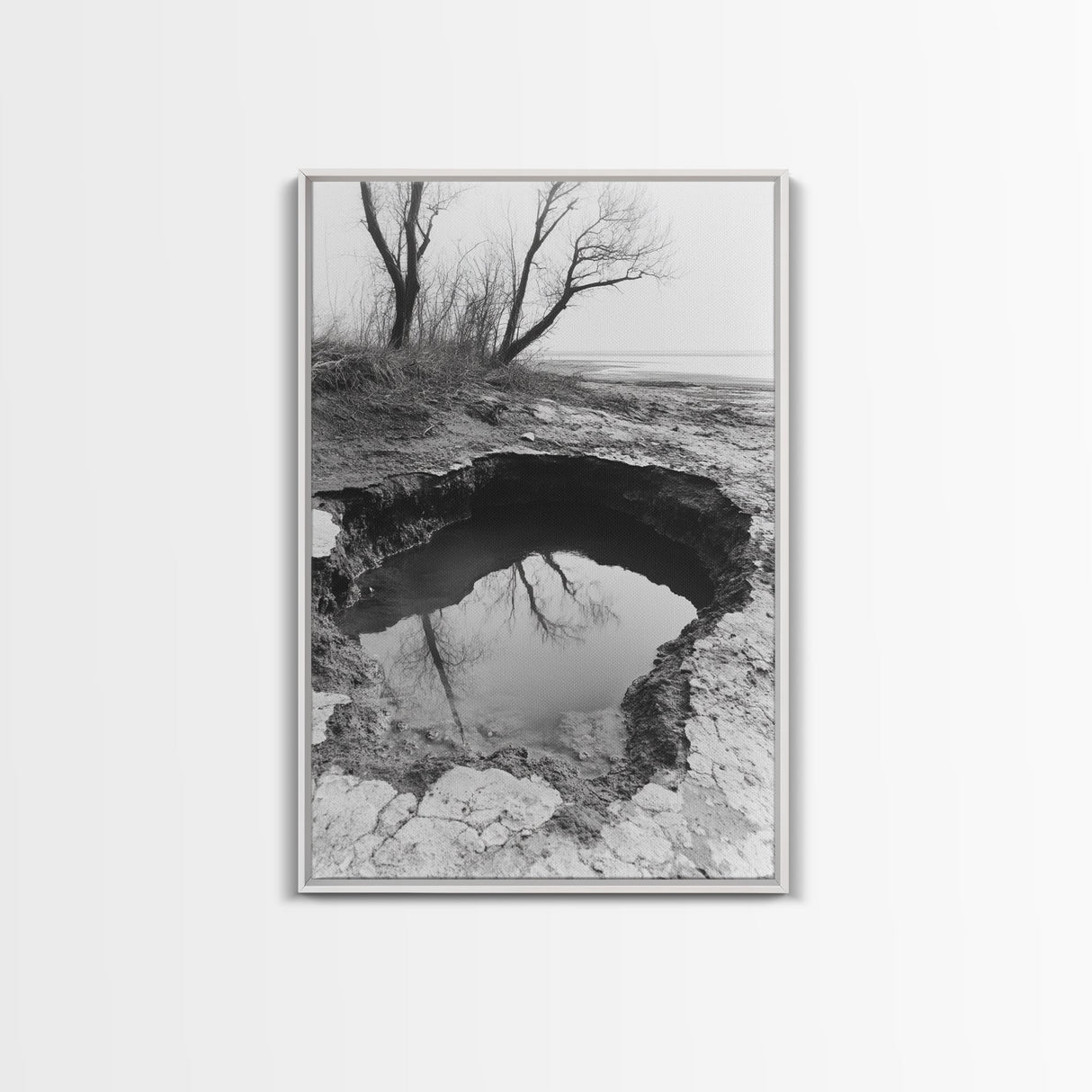 Reflected Trees Pool, Black White Nature, Moody Autumn Wall Art, Rustic Minimalist Style, Framed Canvas Print, Entryway Home Decor