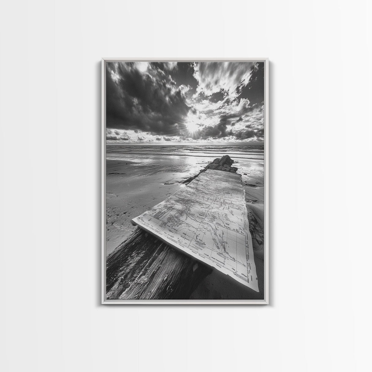 Map On Beach, Travel Adventure Art, Wanderlust Decor, Coastal Office Style, Framed Canvas Print, Explorer Aesthetic, Black White Scene