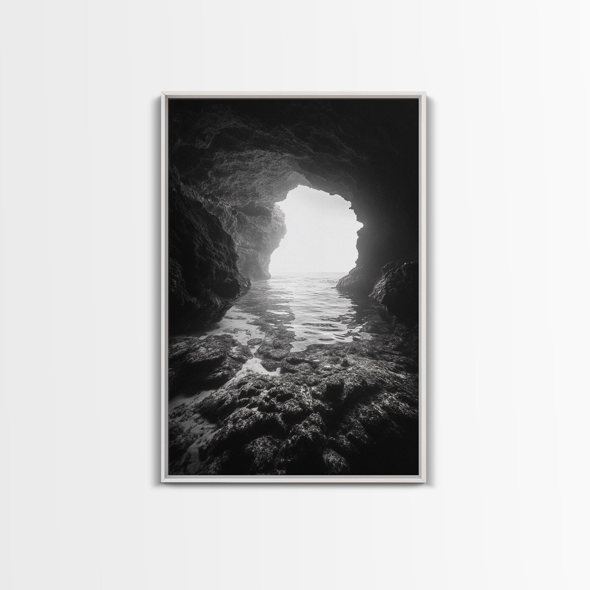 Sea Cave Entrance, Ocean Grotto, Light Escape, Rocky Tide, Canvas Print, Bathroom Wall Art, Black and White Seascape Photo