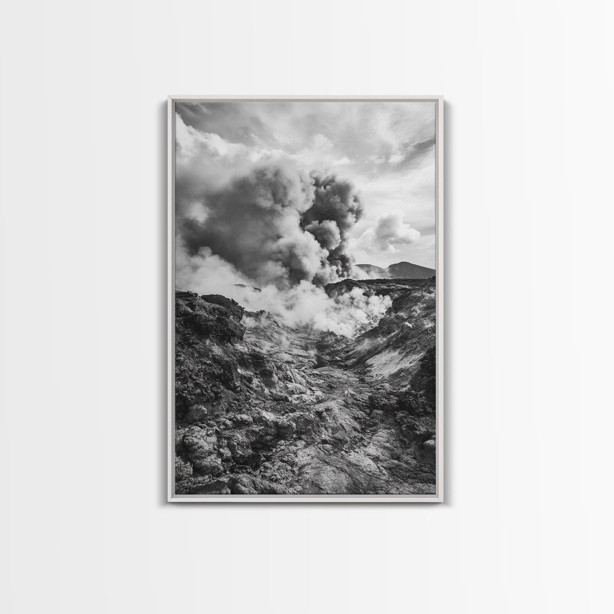 Volcanic Eruption Smoke, Lava Rocks, Earth Energy, Fiery Terrain, Framed Canvas Print, Office Wall Art, Dramatic Nature Landscape
