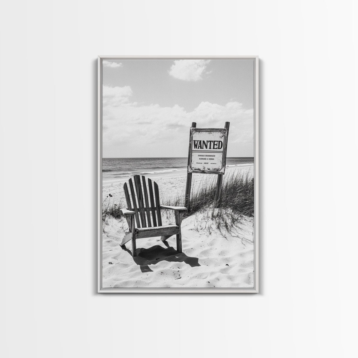 Wanted Poster, Beach Chair, Western Humor, Framed Canvas Print, Man Cave Decor, Coastal Country Style, Black and White Photography