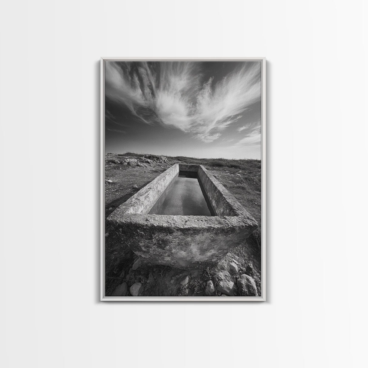 Stone Water Trough, Wild Horizon, Rustic Scene, Framed Canvas Print, Country Farm Decor, Outdoor Living Art, Neutral Wall Accent