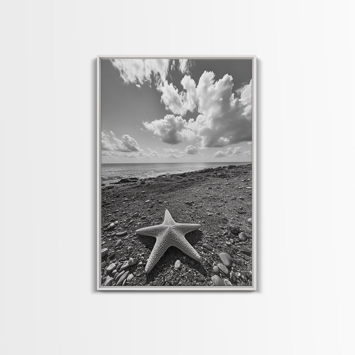 Starfish on Shore, Rocky Beach Scene, Cloudy Sky Horizon, Ocean Calm, Framed Canvas Print, Coastal Art, Bathroom Wall Decor