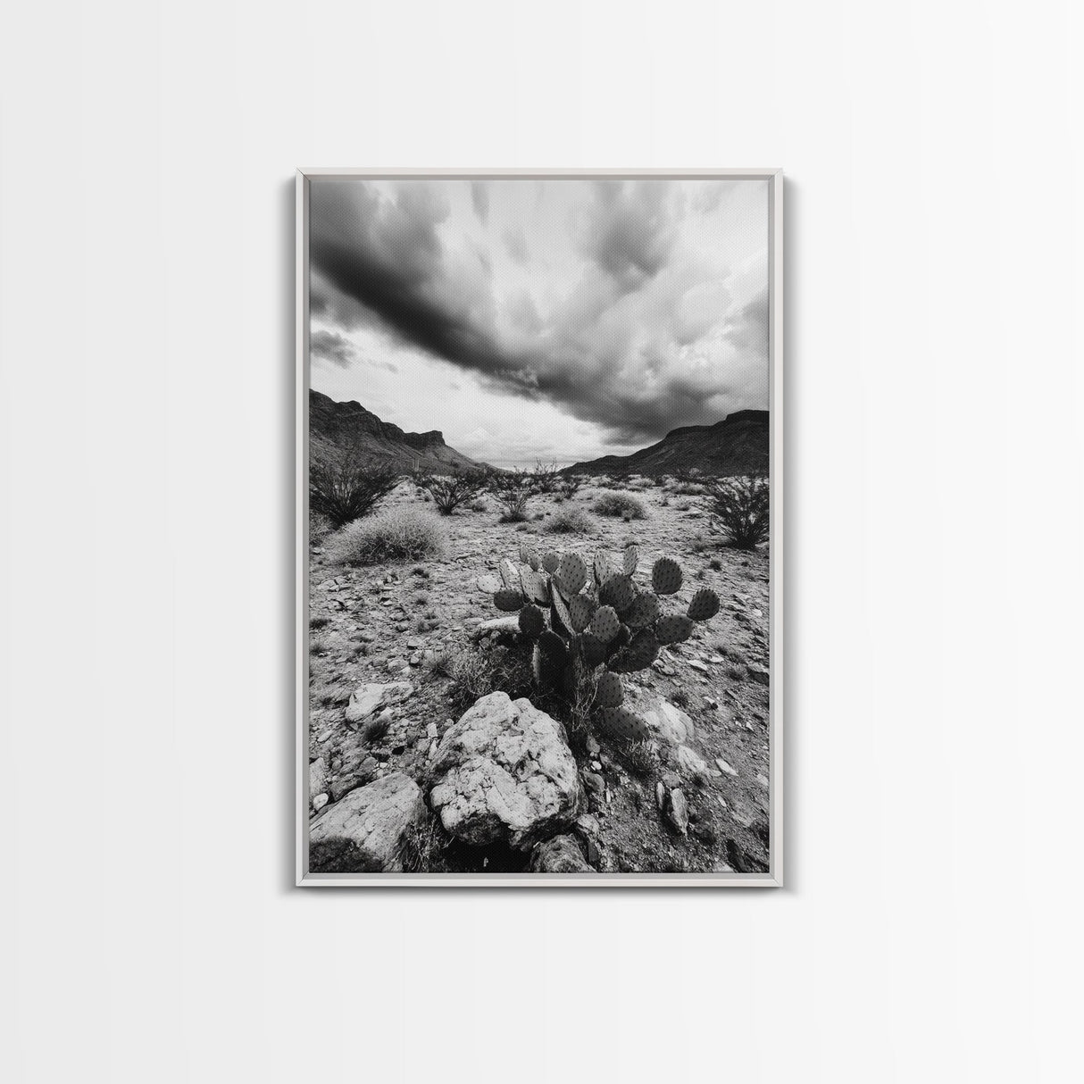 Desert Storm, Cactus Scene, Black White Art, Canvas Print, Southwest Wall Art, Earthy Tones Decor, Boho Style, Entryway Wall Accent