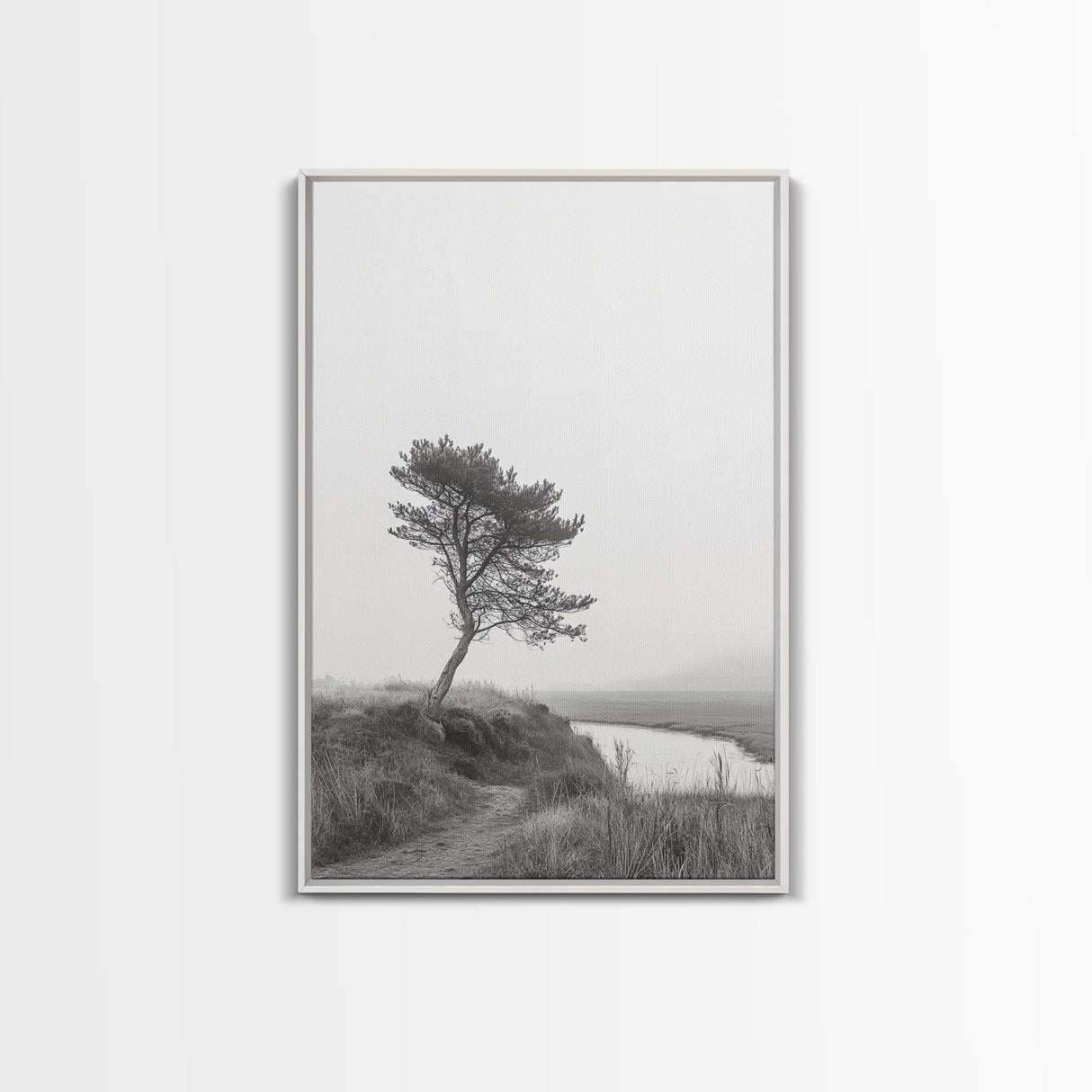 Leaning Tree Path, Soft Fog Scene, Calm Landscape, Canvas Print, Serene Entryway Wall Art, Nature Photography, Minimalist Decor