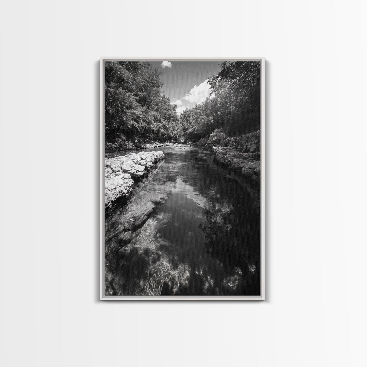 River Reflection, Nature Calm, Forest Stream, Canvas Print, Black and White Landscape Wall Art, Rustic Bathroom Decor, Tranquil Home Vibe