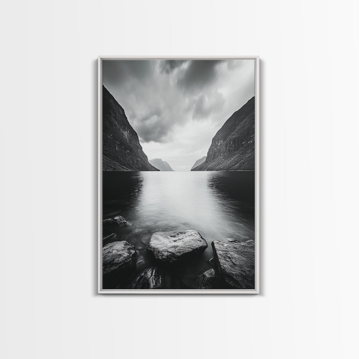 Mountain Lake, Nordic Fjord, Moody Water, Framed Canvas Print, Minimalist Wall Art, Serene Living Room Decor, Monochrome Nature Scene