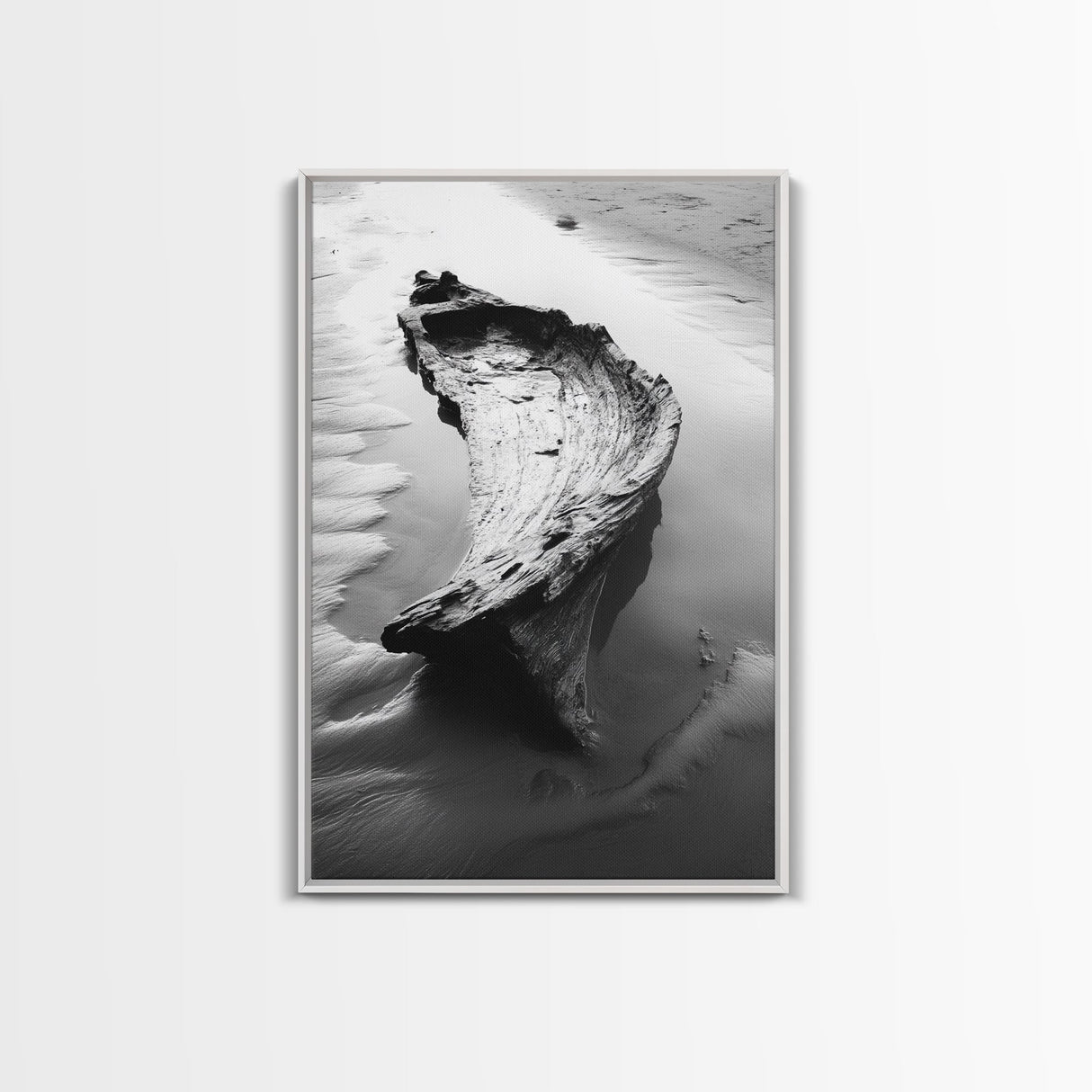 Driftwood Shore, Tidal Beauty, Washed Wood, Canvas Print, Coastal Beach Wall Art, Minimalist Bathroom Decor, Black and White Ocean Scene
