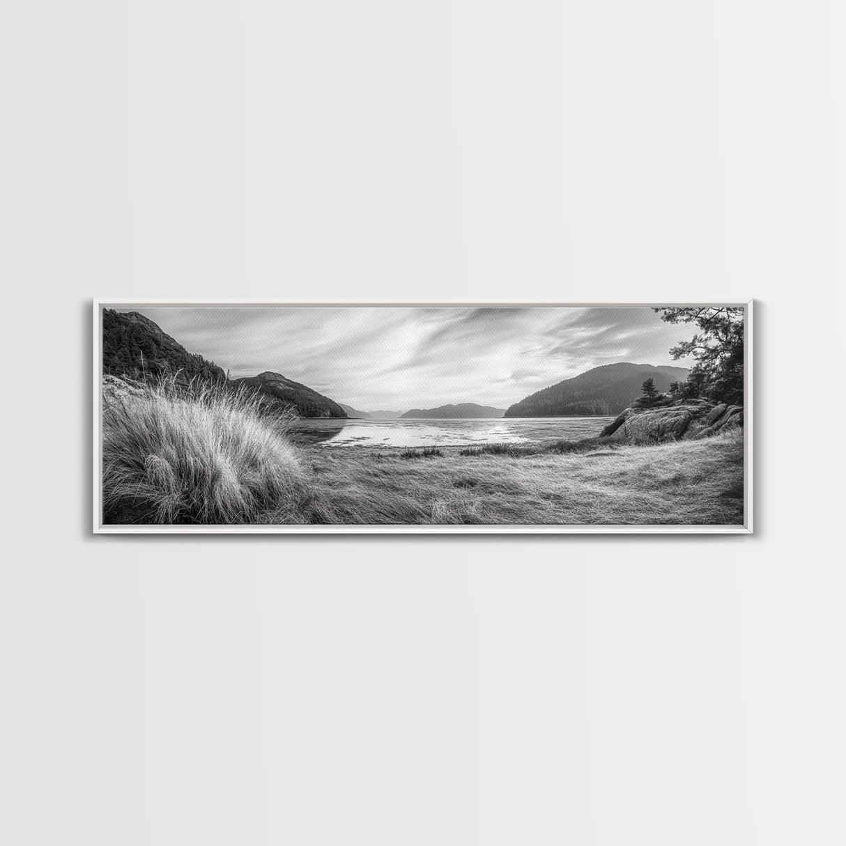 Mountain Lake Calm, Tranquil Nature Reflection, Forest Valley Art, Framed Canvas Print, Minimalist Wall Decor, Serene Landscape Print