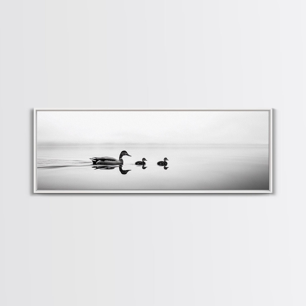 Duck Family, Serene Water, Peaceful Reflections, Canvas Print, Minimalist Animal Art, Nursery Wall Art, Calm Lake Photography