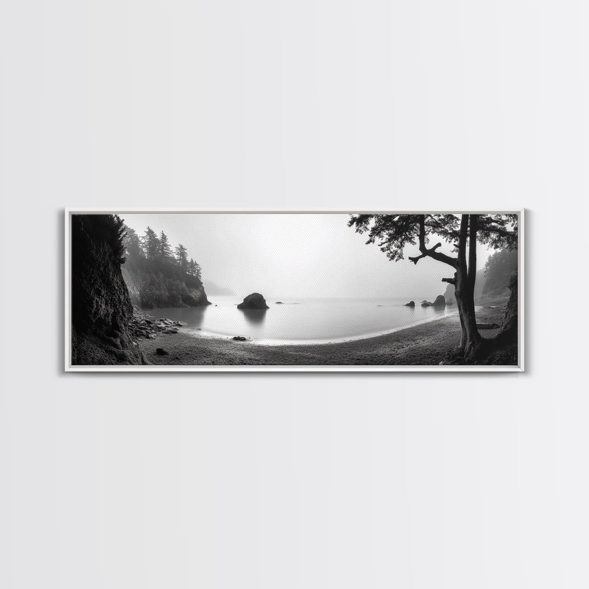 Misty Cove, Pacific Coast, Tranquil Shore, Canvas Print, Zen Nature Wall Art, Bathroom Decor, Moody Black and White Art