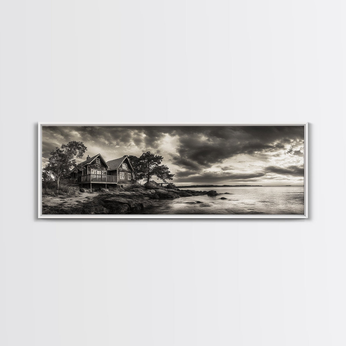 Lakeside Cabin, Stormy Sky, Rustic Escape, Framed Canvas Print, Cabin Wall Art, Lake House Decor, Autumn Living Room Art, Cozy Lodge Style