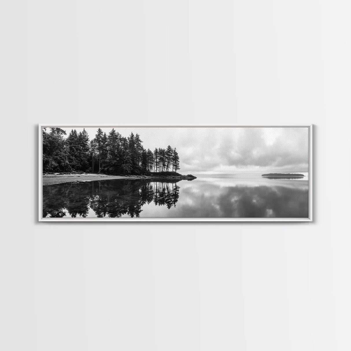 Reflected Pines, Quiet Lake, Forest Island, Calm Waters, Framed Canvas Print, Nature Photography, Minimal Wall Art, Office Decor