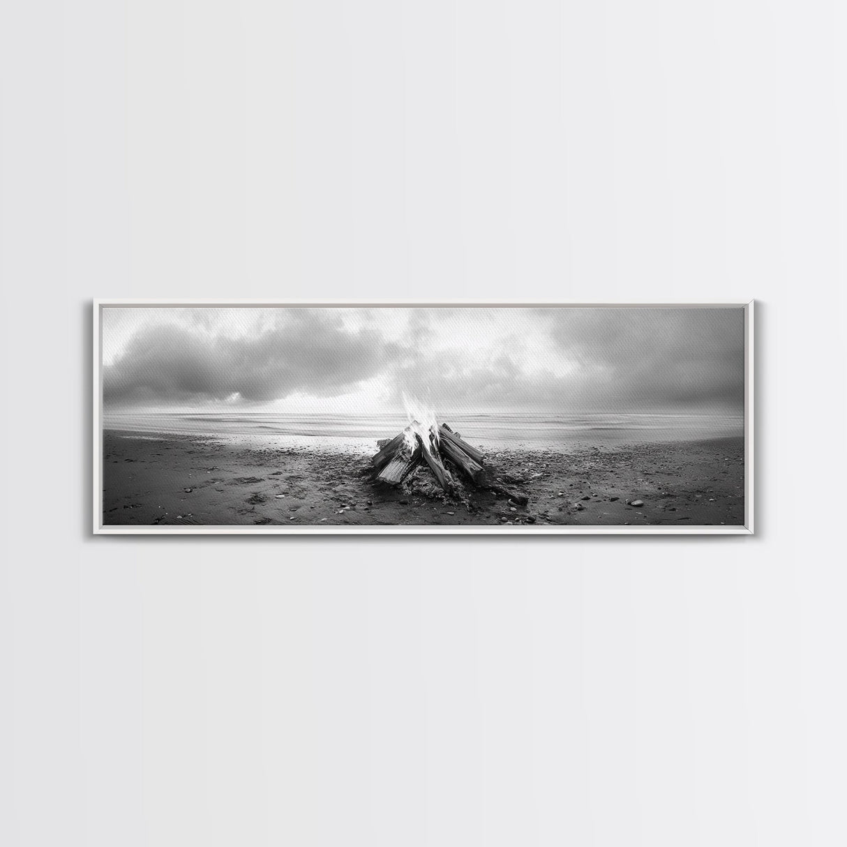 Beach Bonfire, Coastal Glow, Driftwood Fire, Ocean Calm, Framed Canvas Print, Fall Wall Art, Living Room Decor, Nature Photography Style