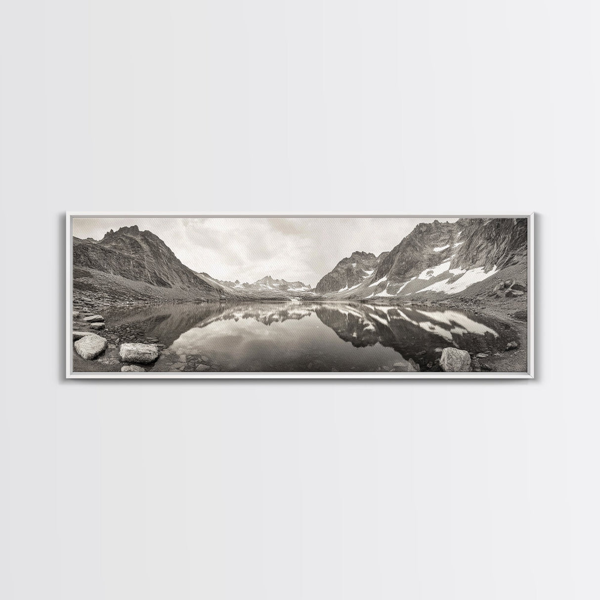 Alpine Reflection, Snowy Peaks, Tranquil Water, Framed Canvas Print, Nature Photography, Minimalist Wall Art, Bedroom or Office Decor