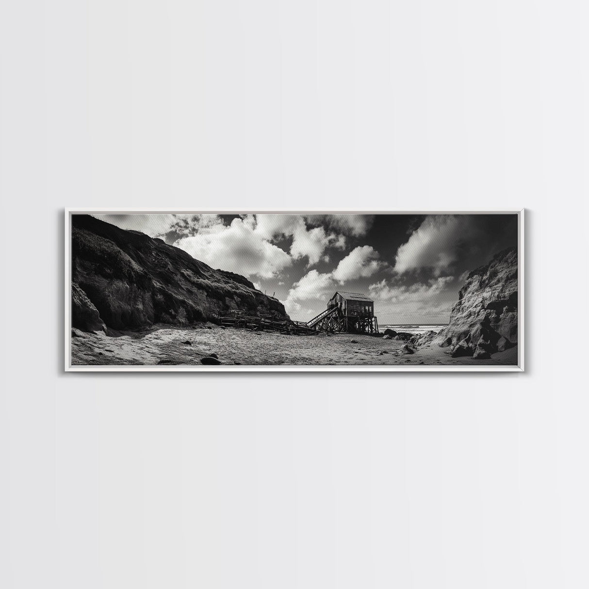 Cliff House, Ocean Cabin, Windy Coast, Framed Canvas Print, Moody Landscape Art, Rustic Wall Decor, Autumn Entryway Art