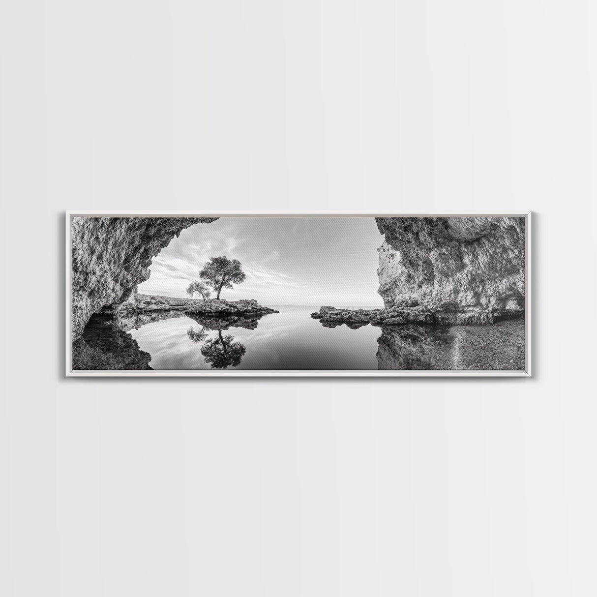 Coastal Cave, Reflection Landscape, Nature Calm, Framed Canvas Print, minimalist ocean wall decor, tranquil tree photography, zen entryway art
