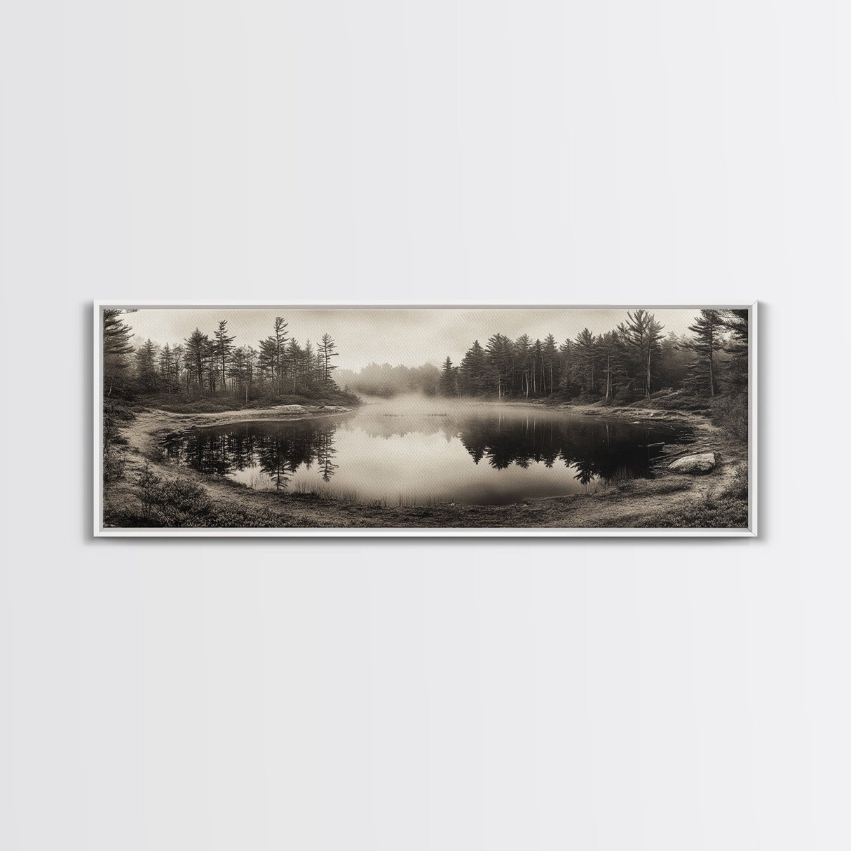 Misty Forest, Autumn Lake, Fog Reflections, Framed Canvas Print, cozy cabin decor, woodland living room art, rustic Fall photography
