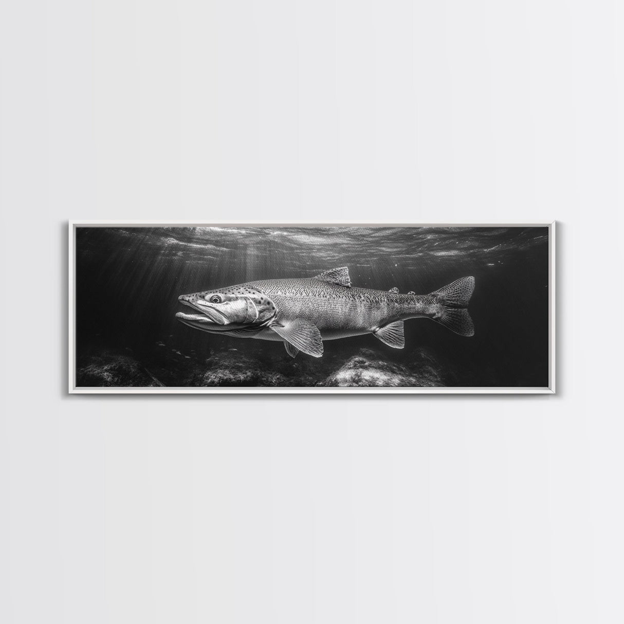 Underwater Fish, Lake Trout, Black and White Ocean, Framed Canvas Print, Coastal Bathroom Art, Fisherman Gift, Nautical Wall Decor