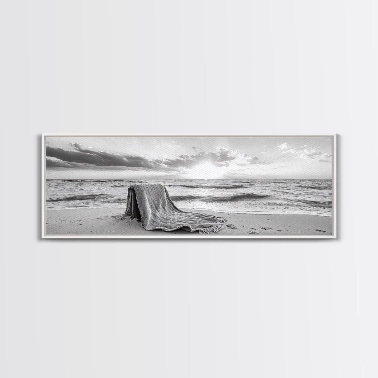 Blanket Beach, Woven Texture, Ocean Sunset, Tranquil Shore, Framed Canvas Print, Boho Wall Art, Bedroom Decor, Soft Coastal Photography Style