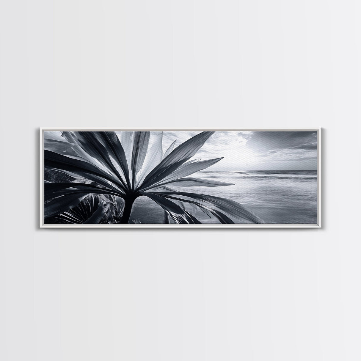 Tropical Leaf Closeup, Ocean Horizon Sunset, Botanical Beach, Framed Canvas Print, Kitchen Wall Art, Coastal Jungle Decor, Rustic Lakehouse Decor