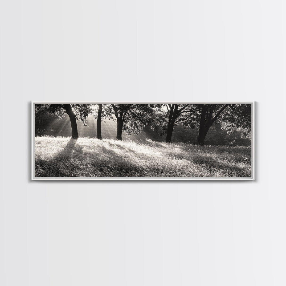 Sunrays Meadow, Tree Light, Golden Hour, Framed Canvas Print, Fall Living Room Art, Rustic Nature Decor, Warm Toned Landscape
