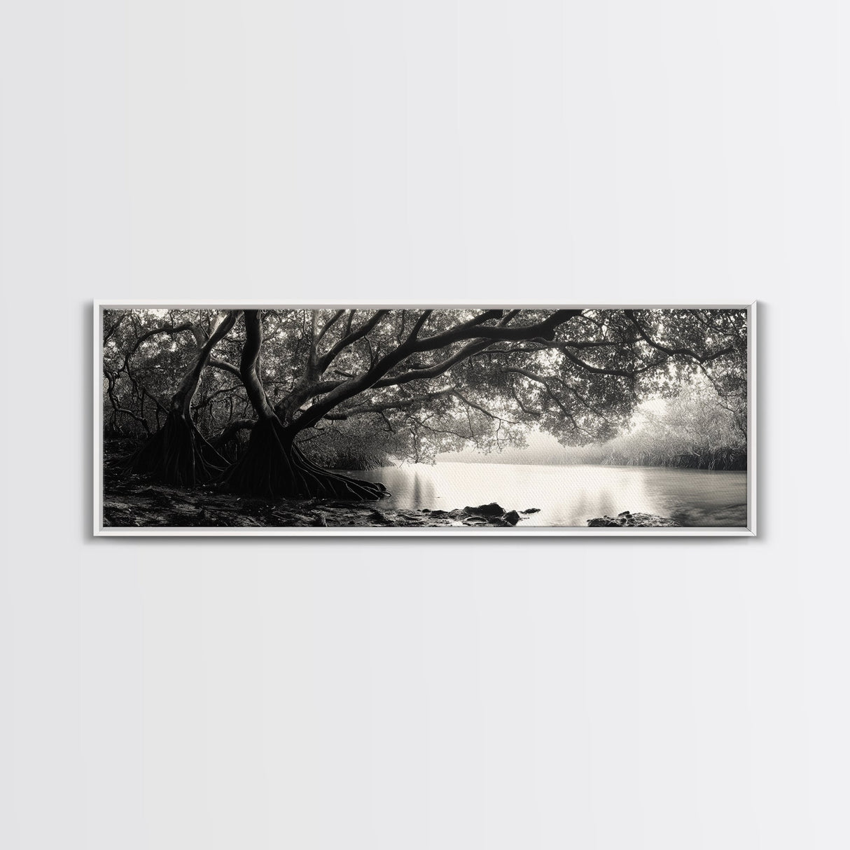 Mangrove Forest, River Flow, Rooted Stillness, Canvas Print, Zen Office Decor, Moody Jungle Art, Monochrome Nature Print