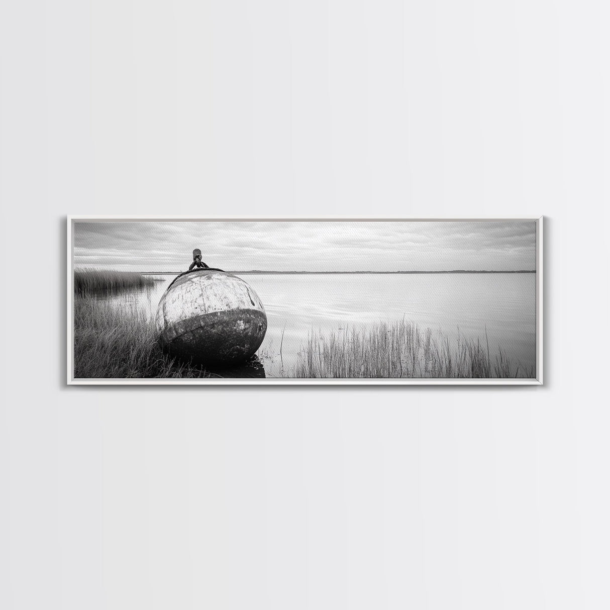 Coastal Buoy, Still Waters, Nautical Calm, Framed Canvas Print, Lakeside Bathroom Art, Maritime Style, Rustic Ocean Decor