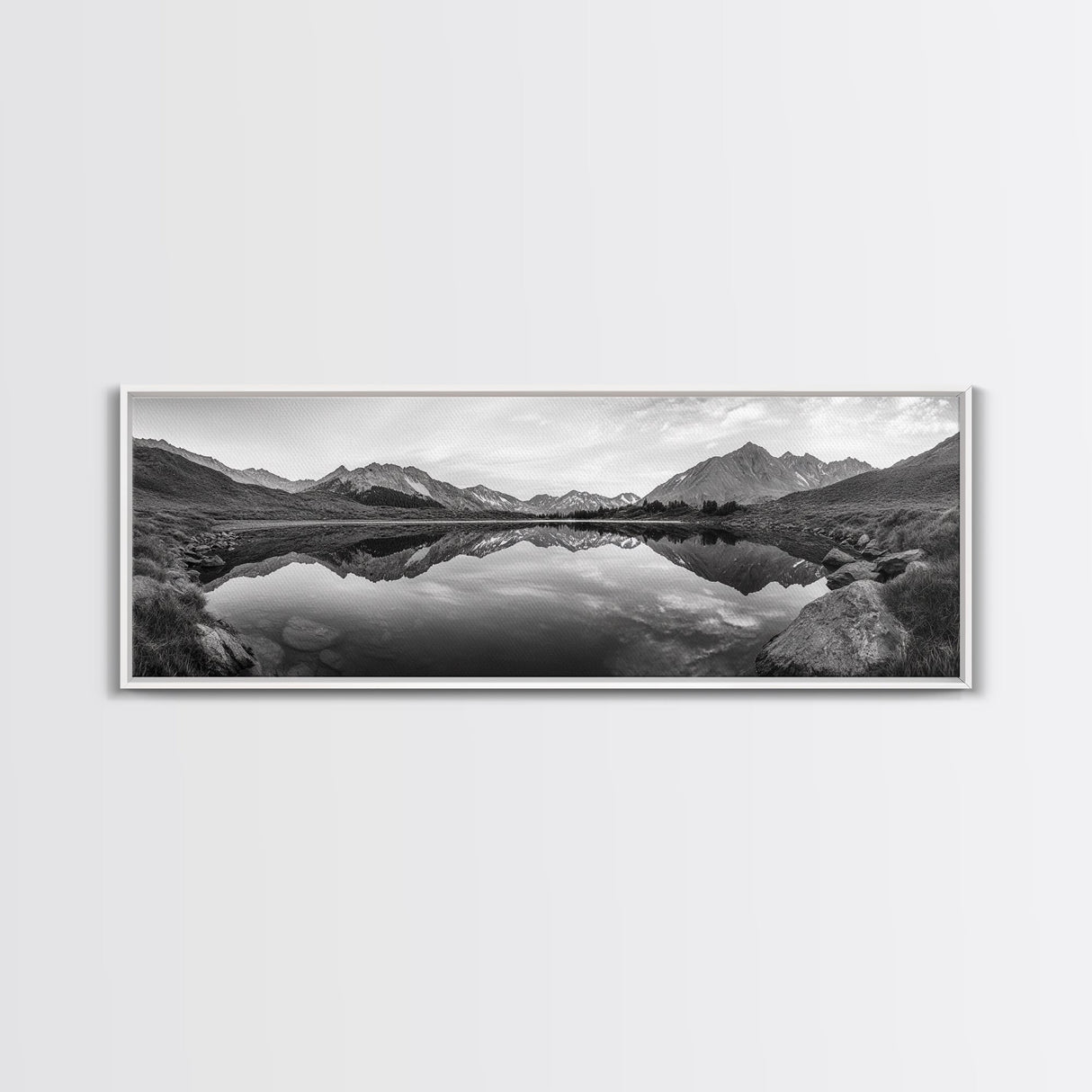 Mirror Lake, Alpine Stillness, Mountain Reflection, Tranquil Landscape, Canvas Print, Minimalist Nature Art, Living Room Wall Art, Neutral Decor
