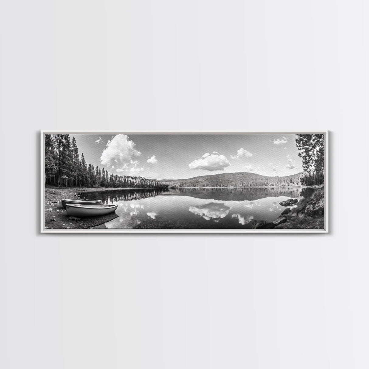 Canoe Lake, Still Water, Pine Forest, Outdoor Serenity, Canvas Print, Nature Wall Art, Rustic Cabin Decor, Peaceful Landscape, Neutral Tones
